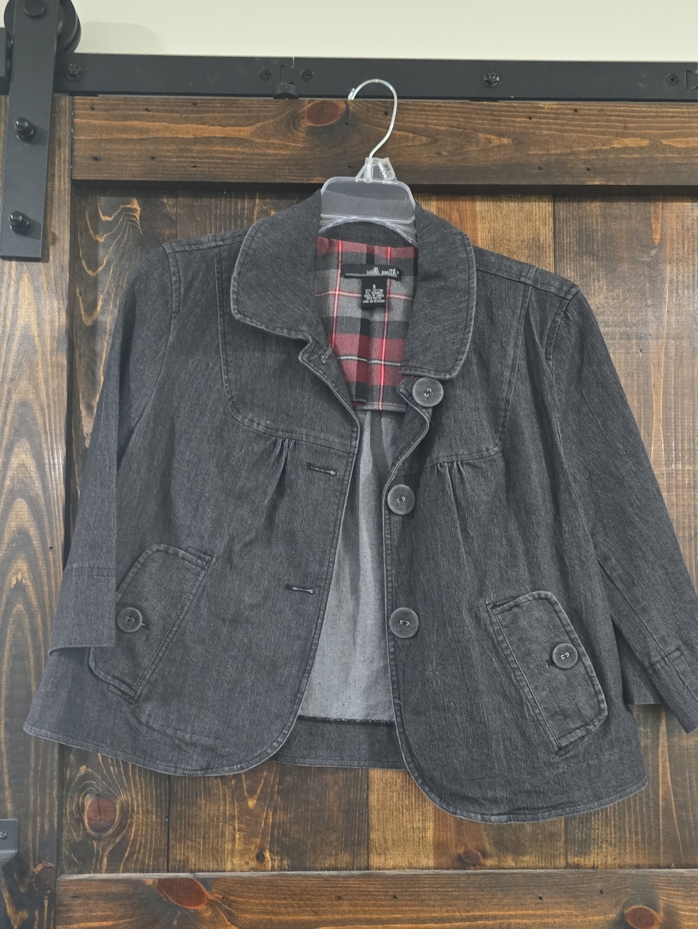Womens Crop Black Denim Jacket with Plaid Lining